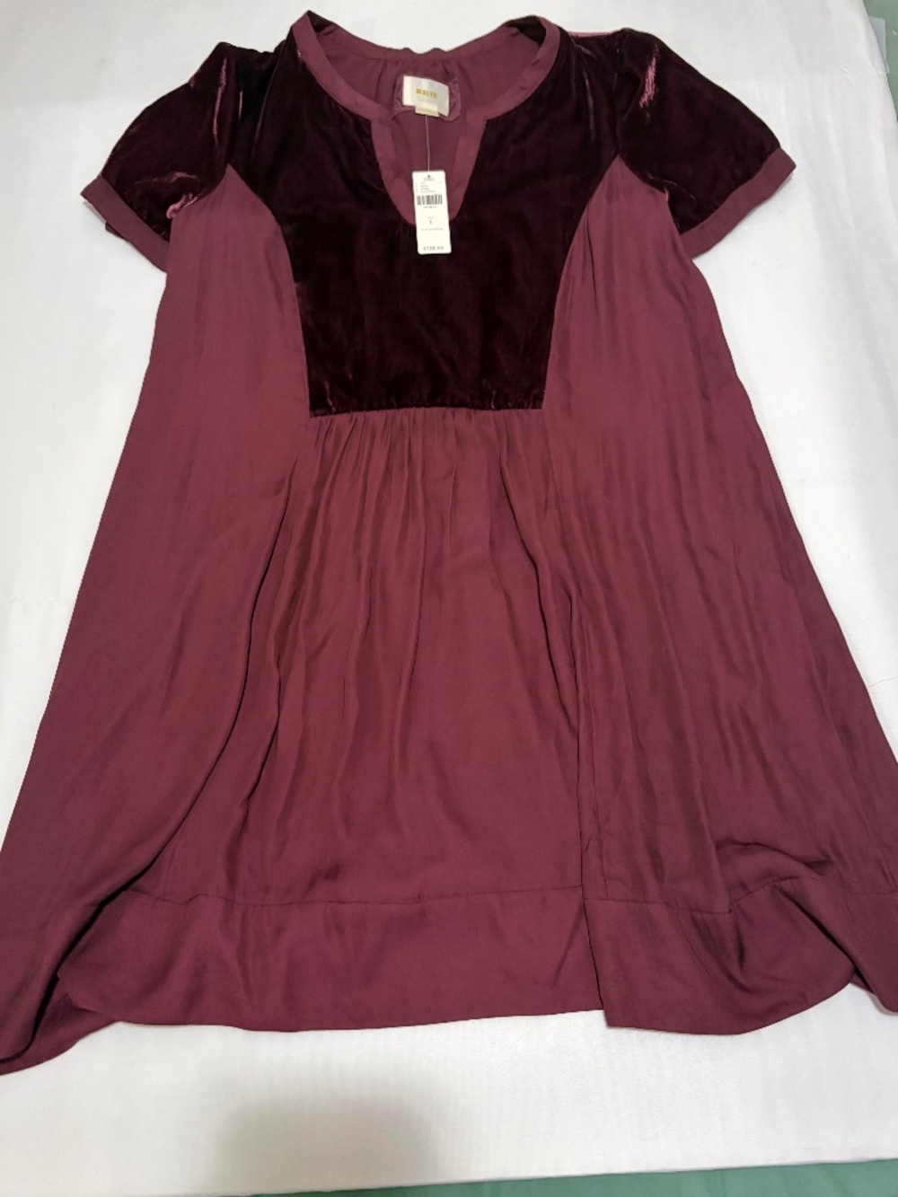 NWT Maeve Anthropologie Velvet Yoke Split Neck Tunic Dress Plum Prune Size L